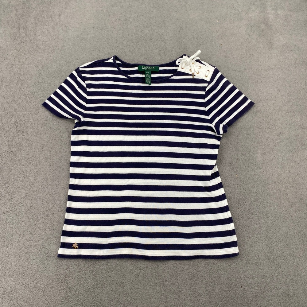 Lauren Ralph Lauren Petite Navy White Striped Lace Up Shoulder Tee P/S